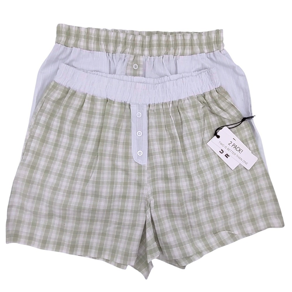 2 Cotton Sleep Shorts Women (M) Pajama Boxer Pockets Green Gingham & Blue Stripe - Picture 2 of 7